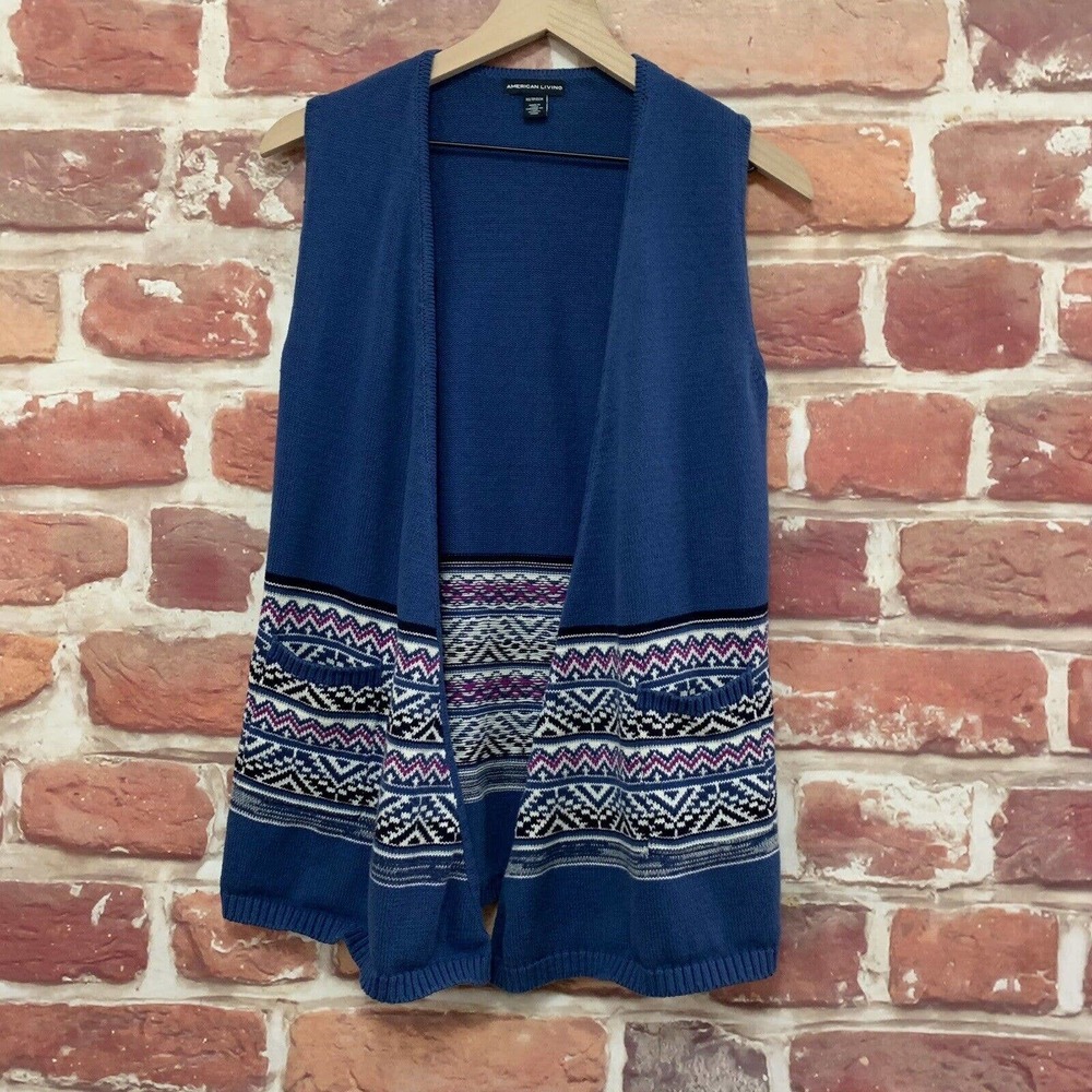 American Living Cardigan Women's XS Blue Multicolor Fair Isle Knit Open Sweater
